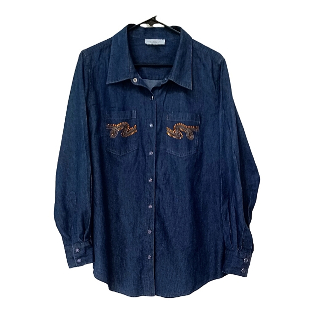 DG2 denim shirt. Soft,lightweight medium blue. Snap buttons/double pocket detail
